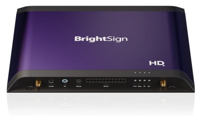Photograph of a sleek, purple, rectangular BrightSign HD media player with black front panel.