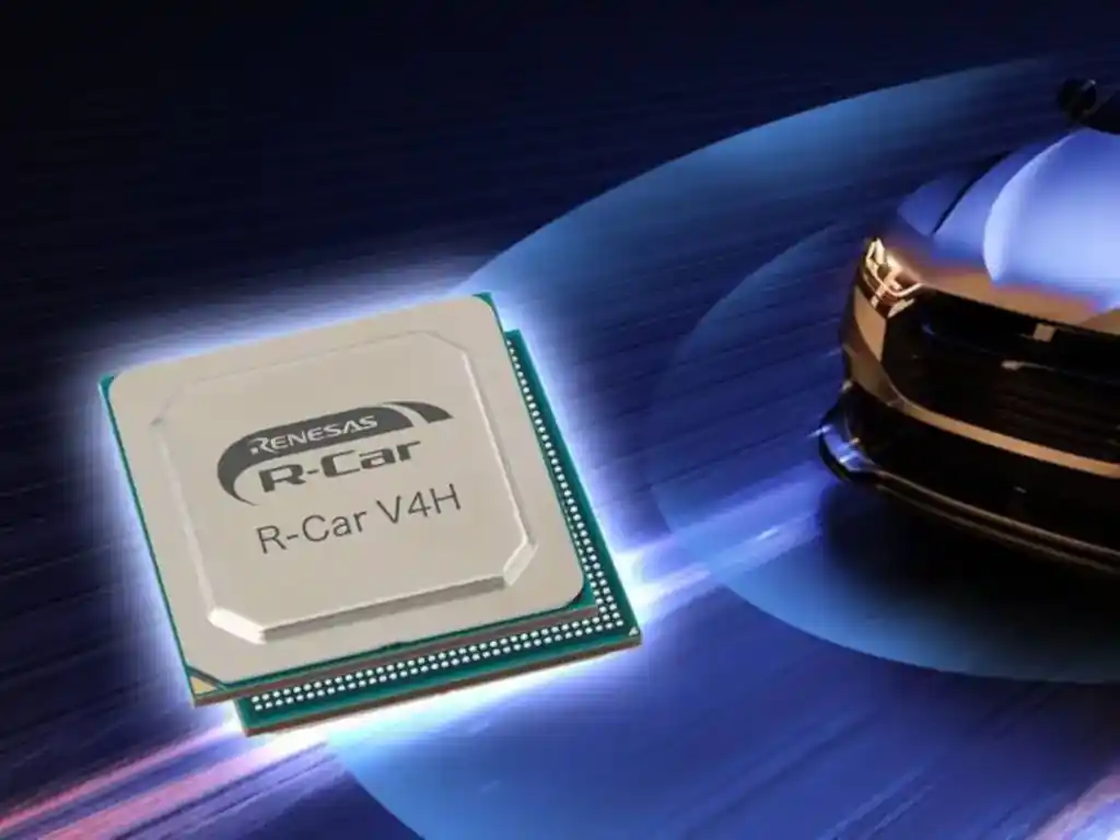 R-Car V4H chip (metallic silver/teal) showcased with a sleek, fast luxury sports car.