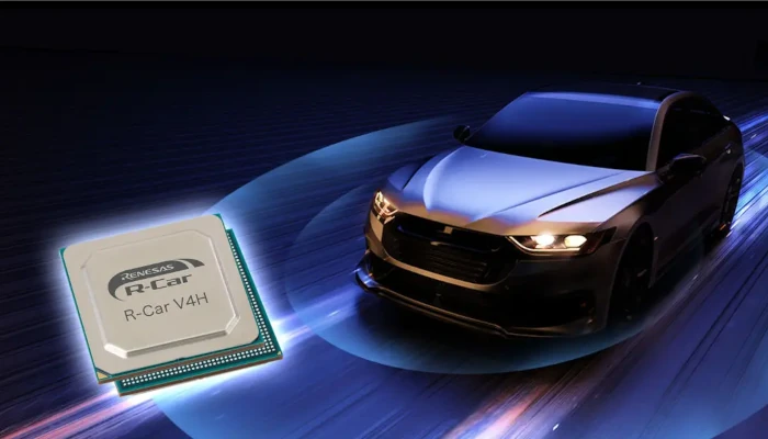 R-Car V4H chip (metallic silver/teal) showcased with a sleek, fast luxury sports car.