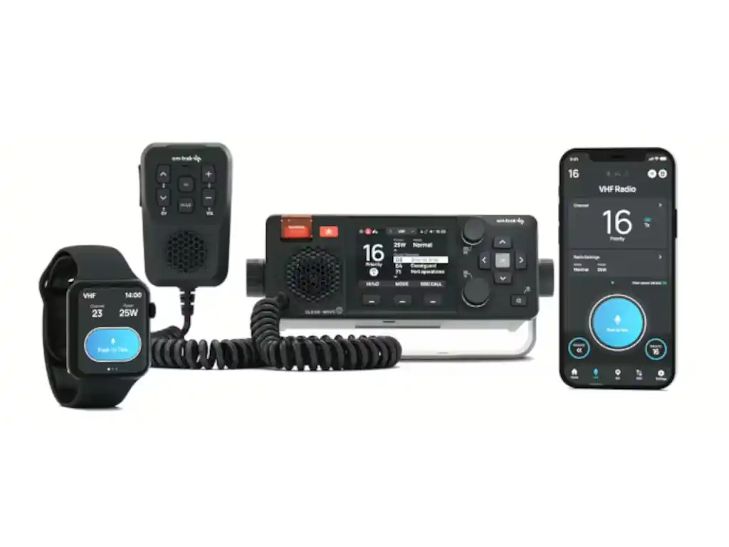 Modern digital illustration of rugged maritime radio, smartphone and smartwatch.