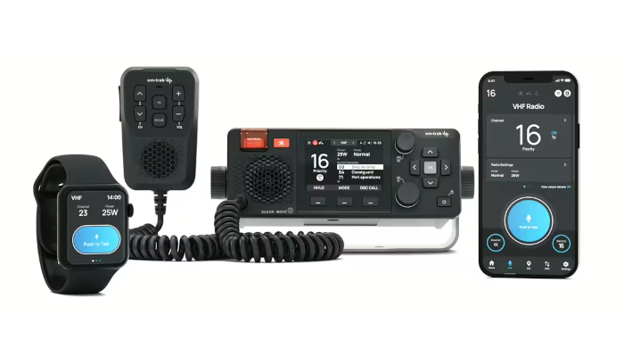 Modern digital illustration of rugged maritime radio, smartphone and smartwatch.