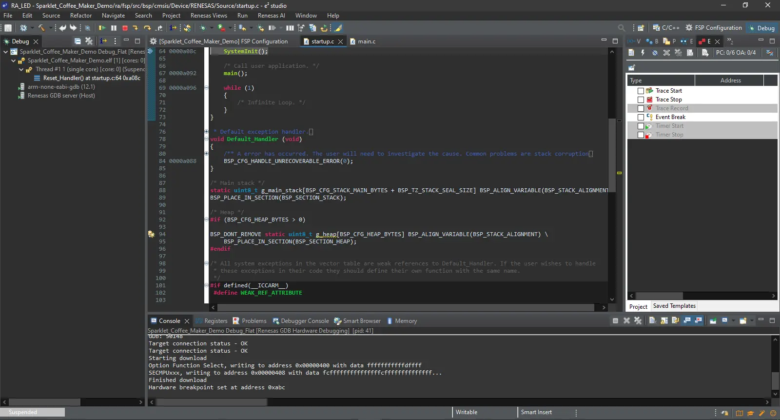 Screenshot of software IDE with multiple open files during a debug session.