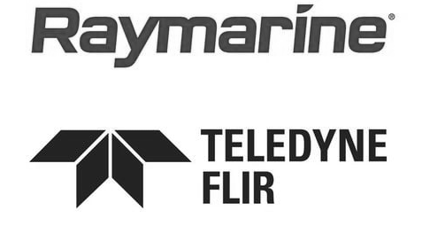 Monochrome dark gray 'Raymarine Flir' text on a black background, suggesting a retro digital logo.