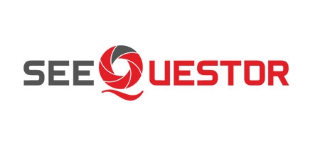 Digital logo with 'SEEQUESTOR' in bold, red and gray letters, letter Q as a shutter.